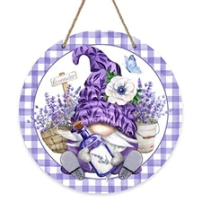  Spring Sign for Front Door Decor, Anemone Purple Buffalo Gnome Lavender Flower