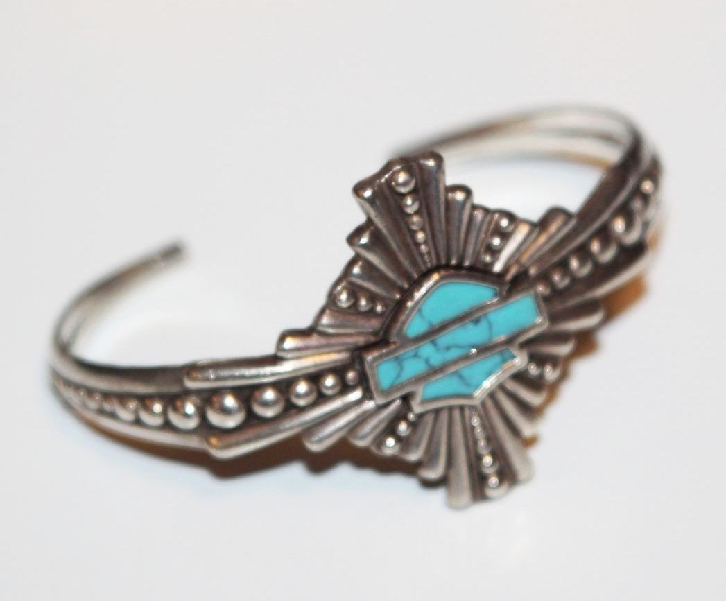 Vintage Harley Davidson Logo Sterling Silver Turquoise Bangle Cuff
