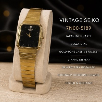 VINTAGE SEIKO 7N00-5189 QUARTZ BLACK DIAL GOLD-TONE DRESS WATCH