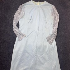Vintage 60s 70s Blue Twill A-Line Dress Womens Knee Length Long Sleeve Lace Zip