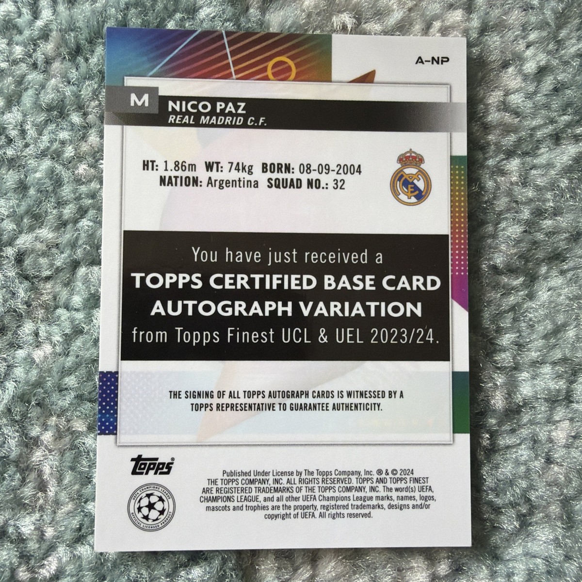 ASTRO　ウヌ　握手券 2023/24 Topps Finest Nico Paz Real Madrid Auto Rookie Green Wave