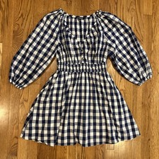 J.Crew Navy and White gingham v-neck dress XS 100% Cotton Lined Smock Old Money