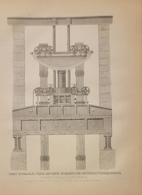 1850s two B&W engravings schematics giant hydraulic press bridge building