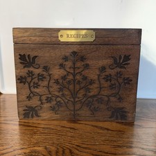Magnolia Home Carved Wood Recipe Box Floral Brass Plaque w/ Dividers & Cards