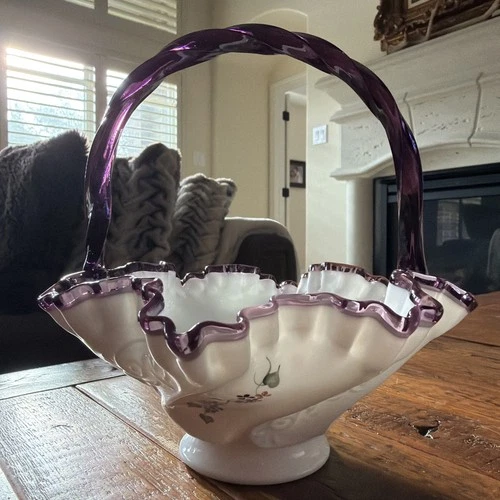 Bill Fenton 1993 Plum Crest Paisley Glass Hand Painted Basket Family Signature