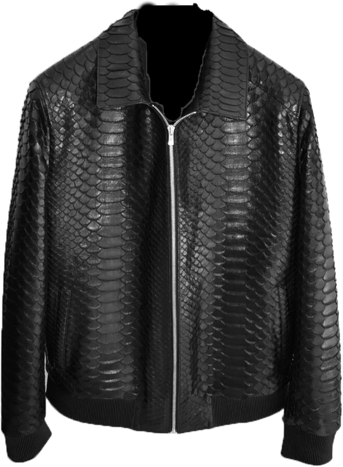 Stylish Men's Python Pattern Real Leather Bomber Jacket Black Exotic Snake Print