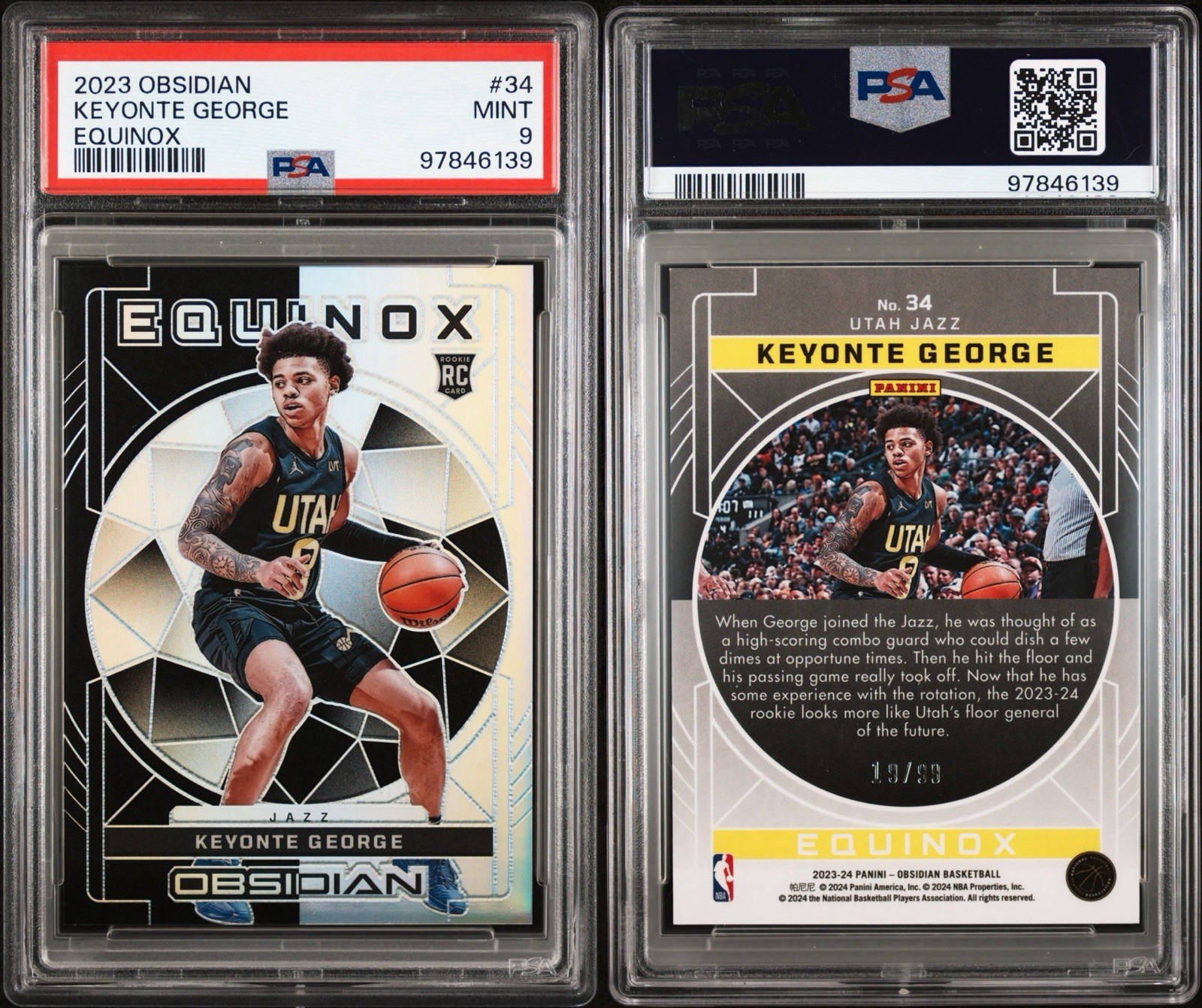 Keyonte George RC /99 Equinox 2023-24 Panini Obsidian #34 Rookie PSA 9 POP 3