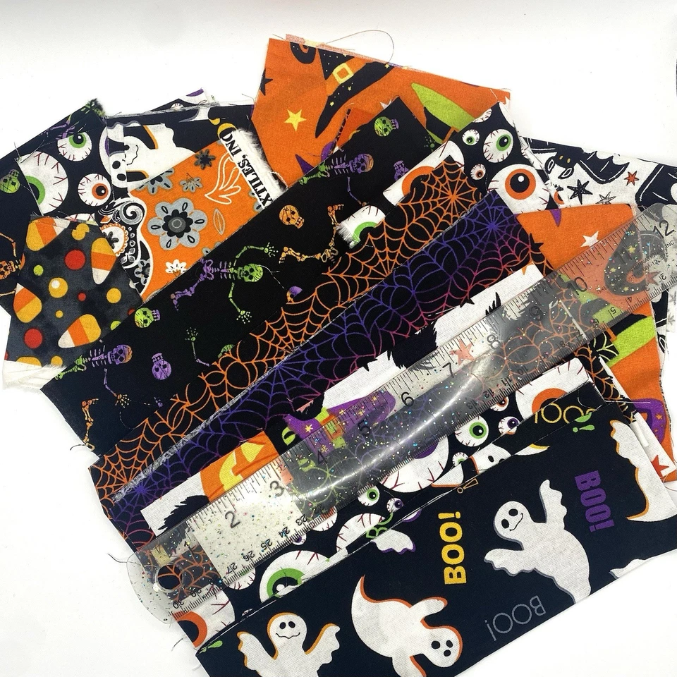 Lote de sucata de tecido de algodão vintage Halloween laranja preto olhos de gatos abóboras mais - Imagem 2 de 3