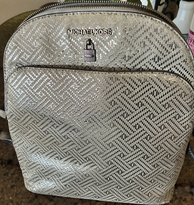 Michael Kors Metallic Silver Logo Zip Medium Backpack w/ Adjustable Strap