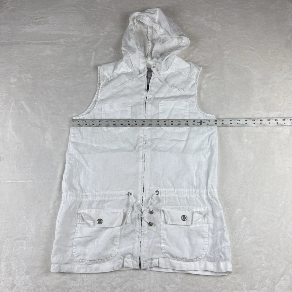 Chaleco utilitario con capucha de lino blanco M cremallera bolsillos delanteros cordón cintura informal elegante Foto 4 de 4