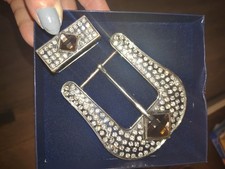 Set Fibbie Cintura Western Bling Tono Argento Strass Cowgirl Rodeo 