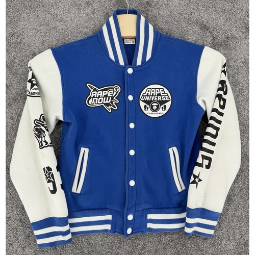 AAPE By A Bathing Ape Varsity Jacket Blue White Logo Snap Front Large Streetwear