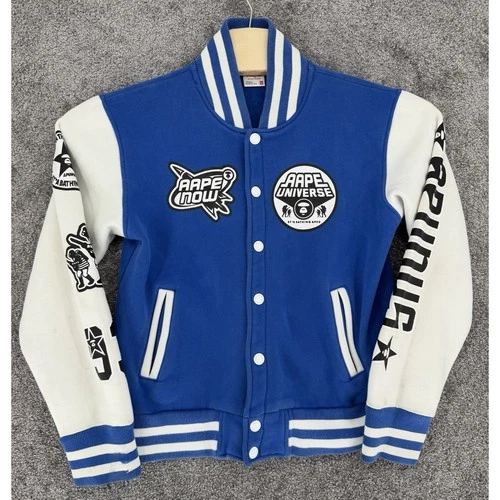 AAPE By A Bathing Ape Varsity Jacket Blue White Logo Snap Front Large Streetwear - product listing photo