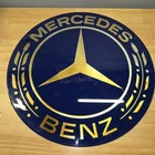 Vintage Mercedes Benz 16" Round Glass Dealership Sign Blue Gold Hanging Display