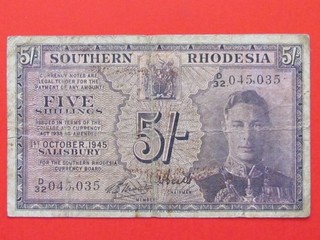 BRITISH SOUTHERN RHODESIA ( 1945 RARE SCARCE ) 5 SHILLINGS RARE BANKNOTE
