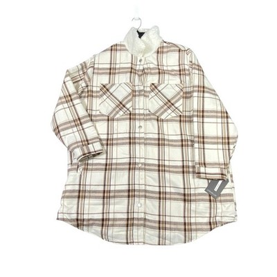 Ultra Flirt Long Plaid Sherpa Jacket Women's 3X Tan Cream Snap Button Cozy NWT