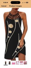 Black Beige geometric halter, sleeveless asymmetric shift knee dress, XXL