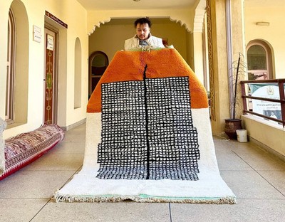 Handmade Moroccan Berber Wool Rug Color Orange, White, Black Design Carpet Rug