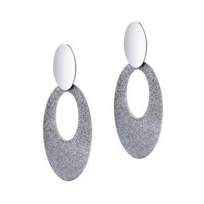 Stainless Steel Sandblasted Sparkly Glittering Double Oval Drop Earrings, D - 01
