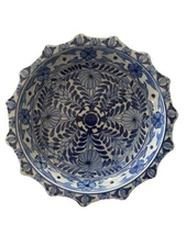 Vintage Blue White Thailand Porcelain Compote 7.5” Floral Design Pedestal Bowl