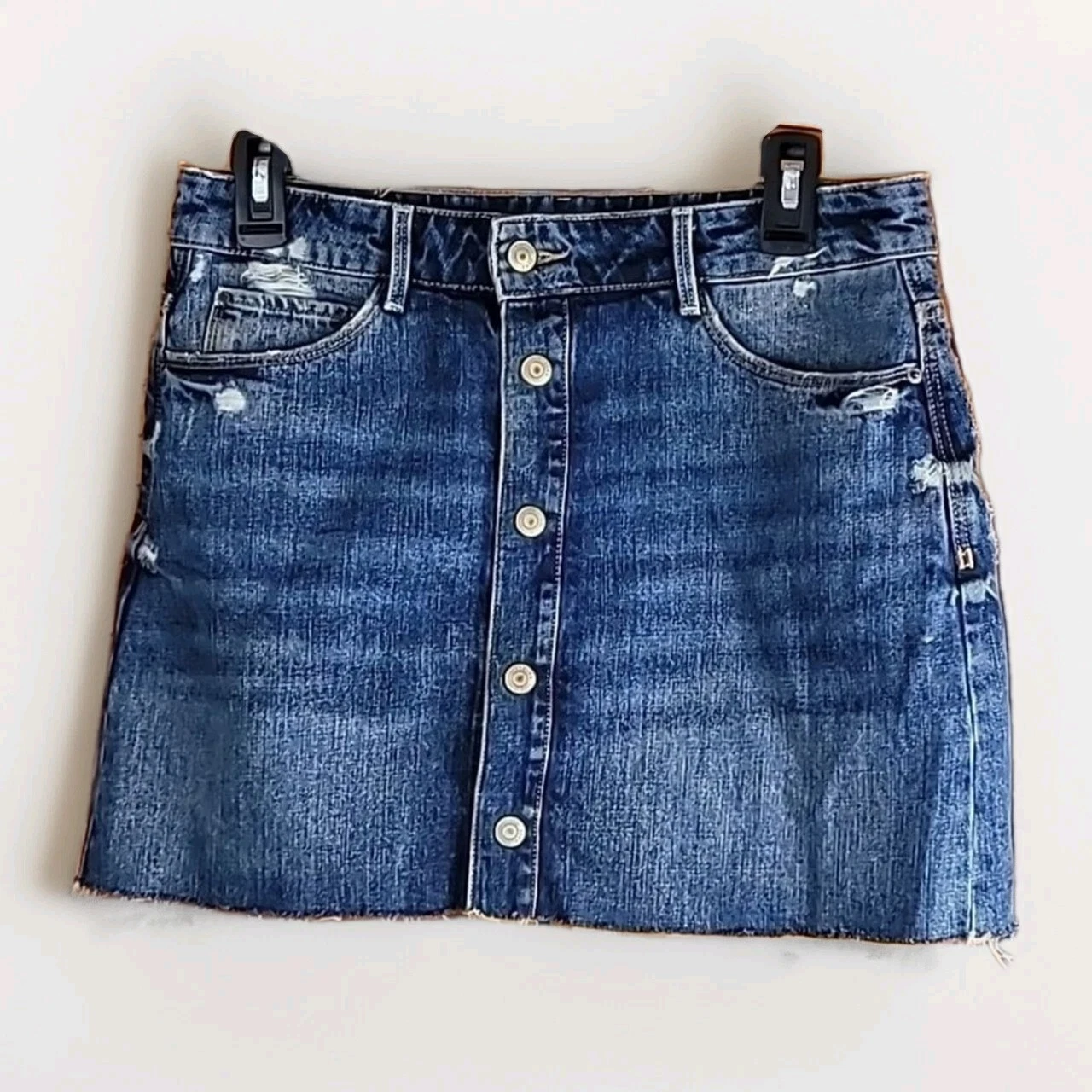 ZARA Women's Skirt Size M Cotton ButtonFLY DISTRESSED JEAN Denim Skirt