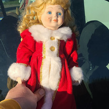 Girl Doll Blonde Curly Hair Blue Eyes Light Complexion Christmas Outfit
