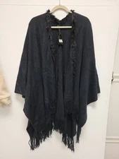 Capon Black Poncho Faux Fur Trim Fringe Women's S Knit Cape Shawl Acrylic Blend
