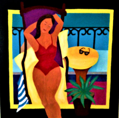 Painting ''Woman Sunbathing'' female figure original colorful on canvas