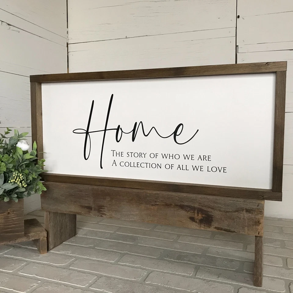 Cartel de madera enmarcado hecho a mano 25x11" Home la historia de quiénes somos Foto 3 de 4