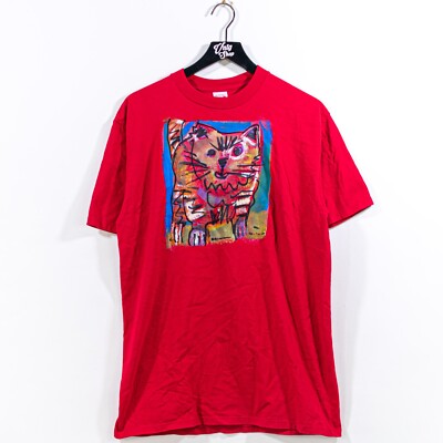 Vintage Cat Art T-Shirt Large 90s Abstract Painting Retro Aesthetic Hipster Red