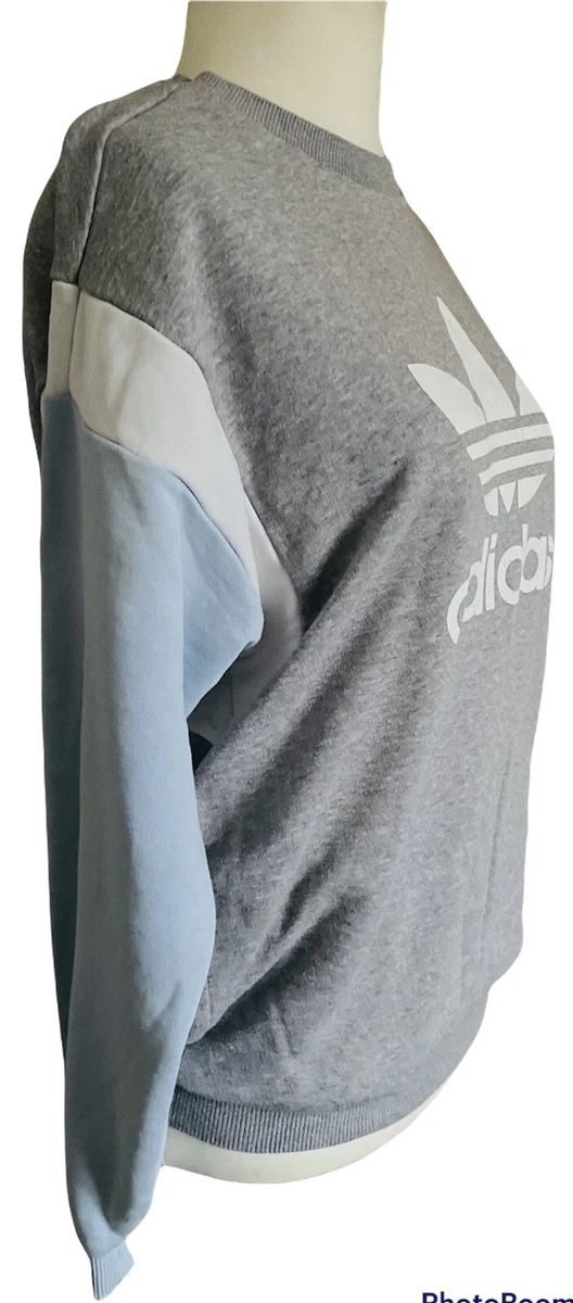 Adidas Ladies Jumper UK 8 Grey White Baby Blue Cotton Blend Large Logo