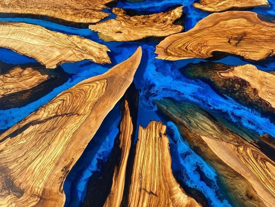 Custom Order Olive Wood Live Round Edge Blue White Ocean Sea Epoxy Table - Image 3 of 4