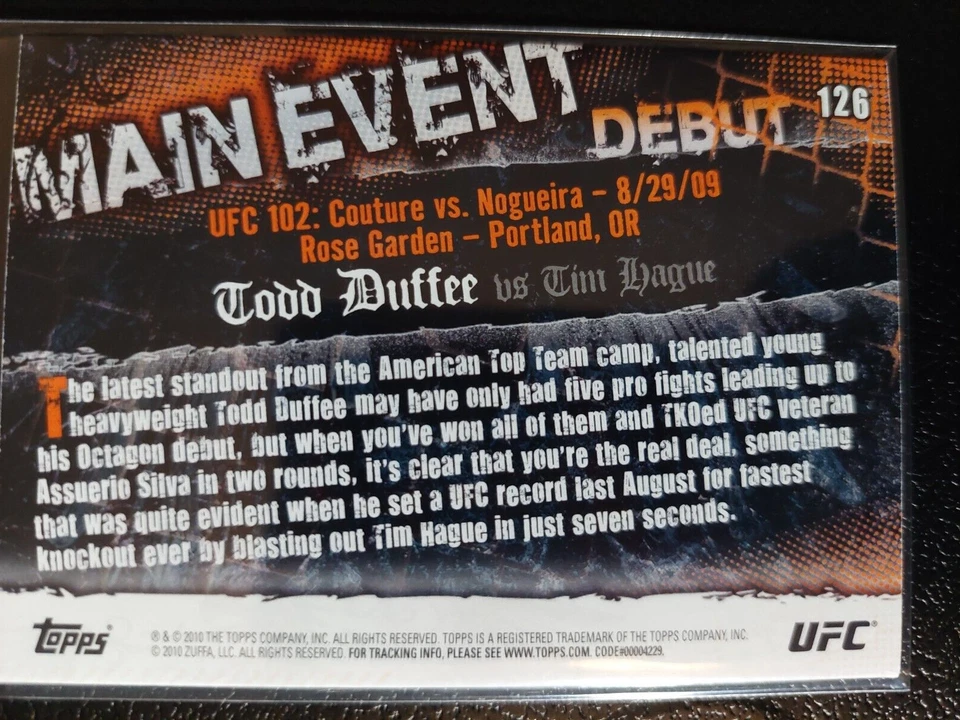 Todd Duffee vs Tim Hague #126 2010 UFC Main Event Thick Gold Parallel - Image 2 of 2