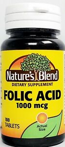 Nature's Blend Folic Acid 1000mcg (1mg) Tablets 100ct -Expiration Date 09-2022-