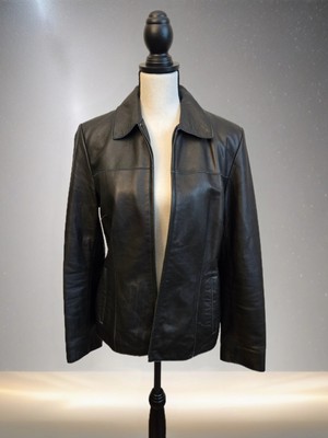 Wilsons Women's Black Leather Jacket Sz M Pelle Studio Full Zip Raw Edges 