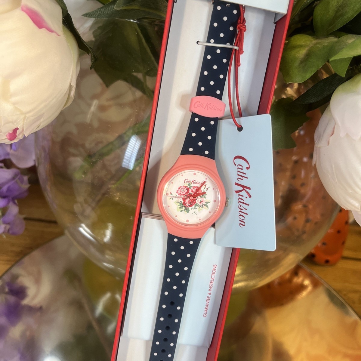 Cath Kidston Ladies Spray Flowers Navy Polka Dot Silicone Strap Watch Bnib  B40