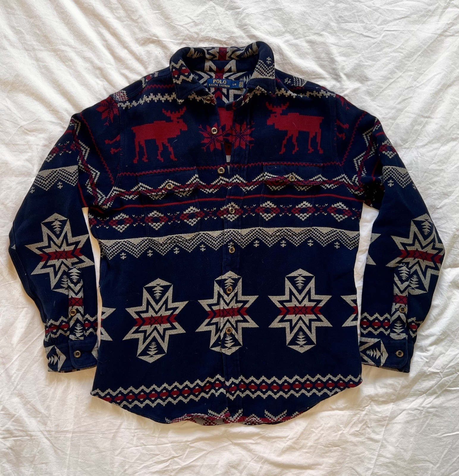Polo Ralph Lauren Vintage Jacquard Workshirt Flannel Snowflake Moose  L