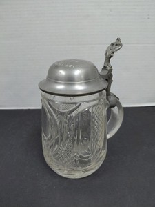 Vtg German Style Pewter Lidded Beer Stein Ornate Lid Cut Glass German Text