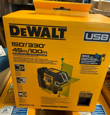 DEWALT DCLE14221GB USB Rechargeable Green 2 Spot & Cross Line Laser Base Kit