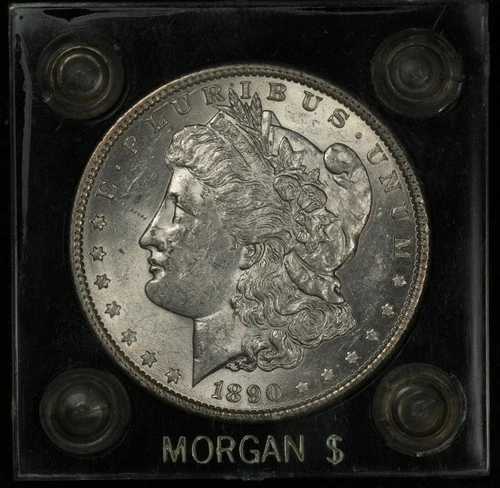 1890 MORGAN SILVER DOLLAR LUSTROUS AU IN "MORGAN $" CAPITAL PLASTICS HOLDER