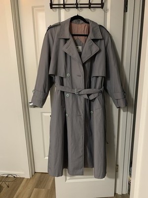 Lady Adler Gray Long Trench Coat Belted Epaulette Double Breasted Lined vintage 