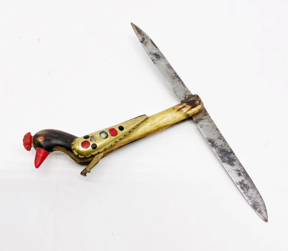 Navaja de bolsillo antigua Jezzine Líbano figura pájaro cuerno con joyas Foto 2 de 4