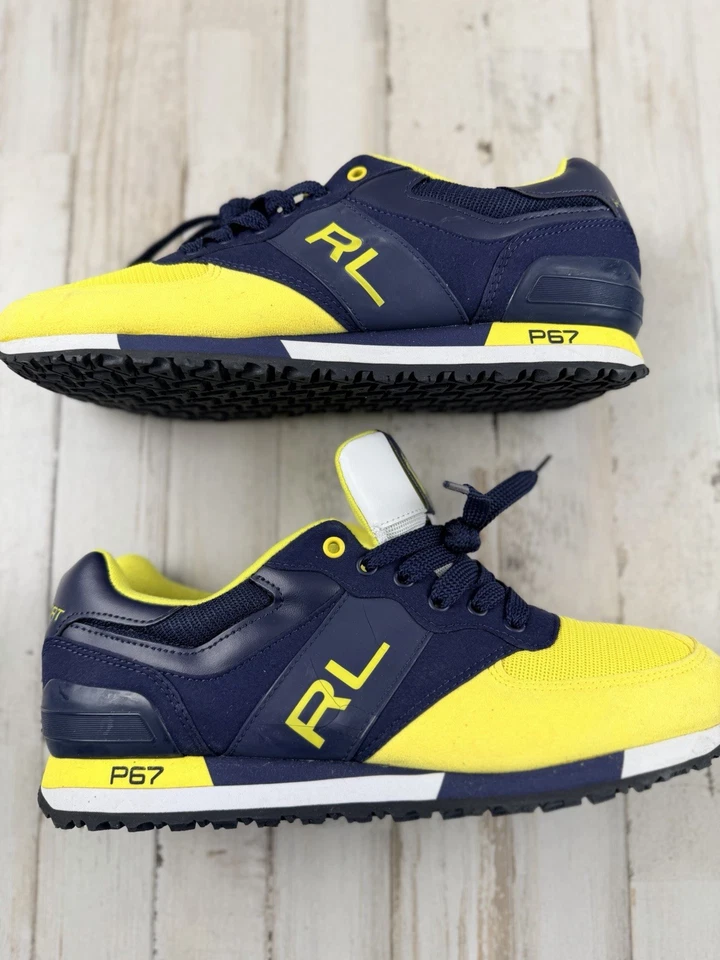 Polo Sport Ralph Lauren Slaton RL Sneakers Mens 10.5D P67 Yellow Navy Retro Shoe - Image 2 of 4