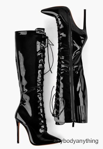 Onlymaker Damen Sexy Spitz zulaufend Schnürung Kniehoch Stiletto Absatz Reißverschluss Stiefel - Bild 5 von 73