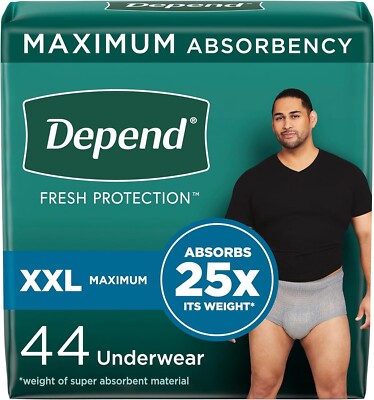 Depend FIT-FLEX  Incontinence Underwea for Menr, 44 Count - 2XL New