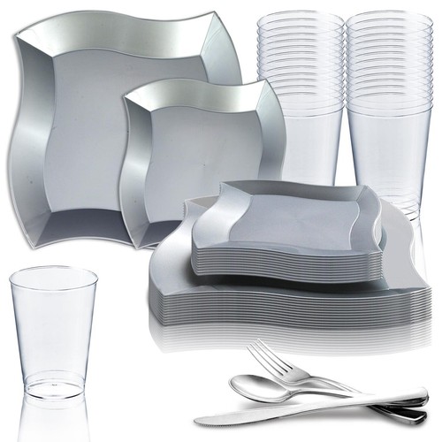 Disposable Plastic Dinnerware Set Party Package Square Wave Design Dinner Plates - Picture 36 of 57