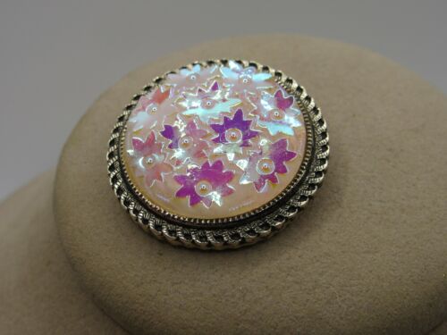 Vintage Western Germany Scarf Clip, Iridescent sequin flowers Gold Tone - Picture 3 of 4
