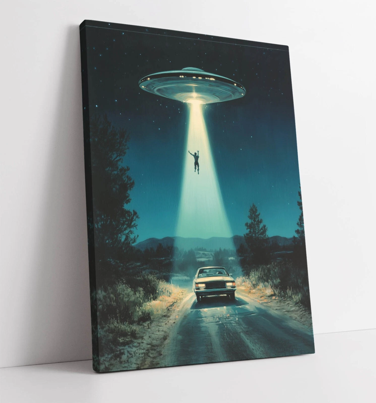 VINTAGE UFO ABDUCTION ILLUSTRATION FRAMED CANVAS WALL ART PICTURE PRINT