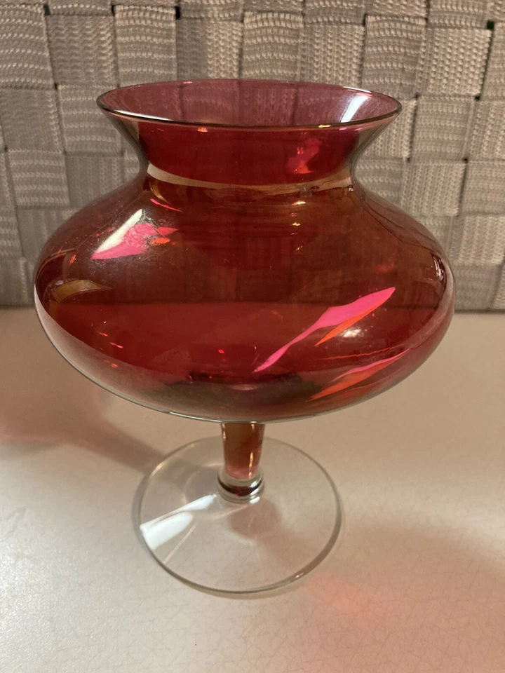 Vtg Ruby Red Cranberry Stained Flash Glass 5” Footed Vase MCM - Image 4 of 4