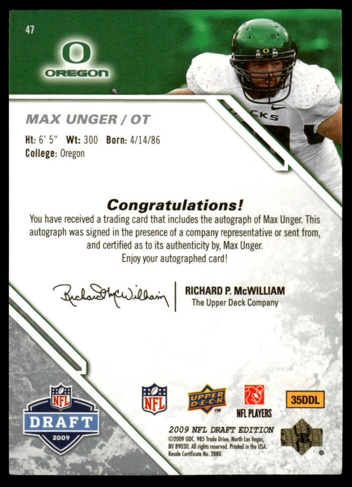 2009 Upper Deck Draft Edition #47 Max Unger Autographs Silver - Image 2 of 2